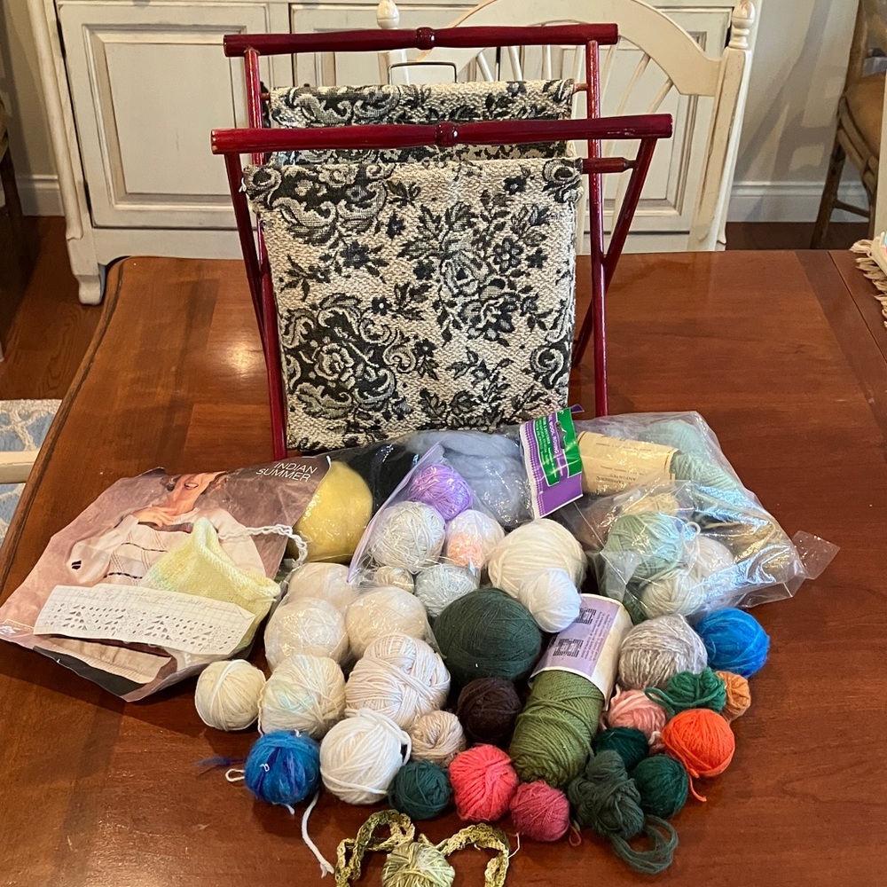 Vintage tapestry knitting basket caddy, foldable, bundle of wool odds & ends
